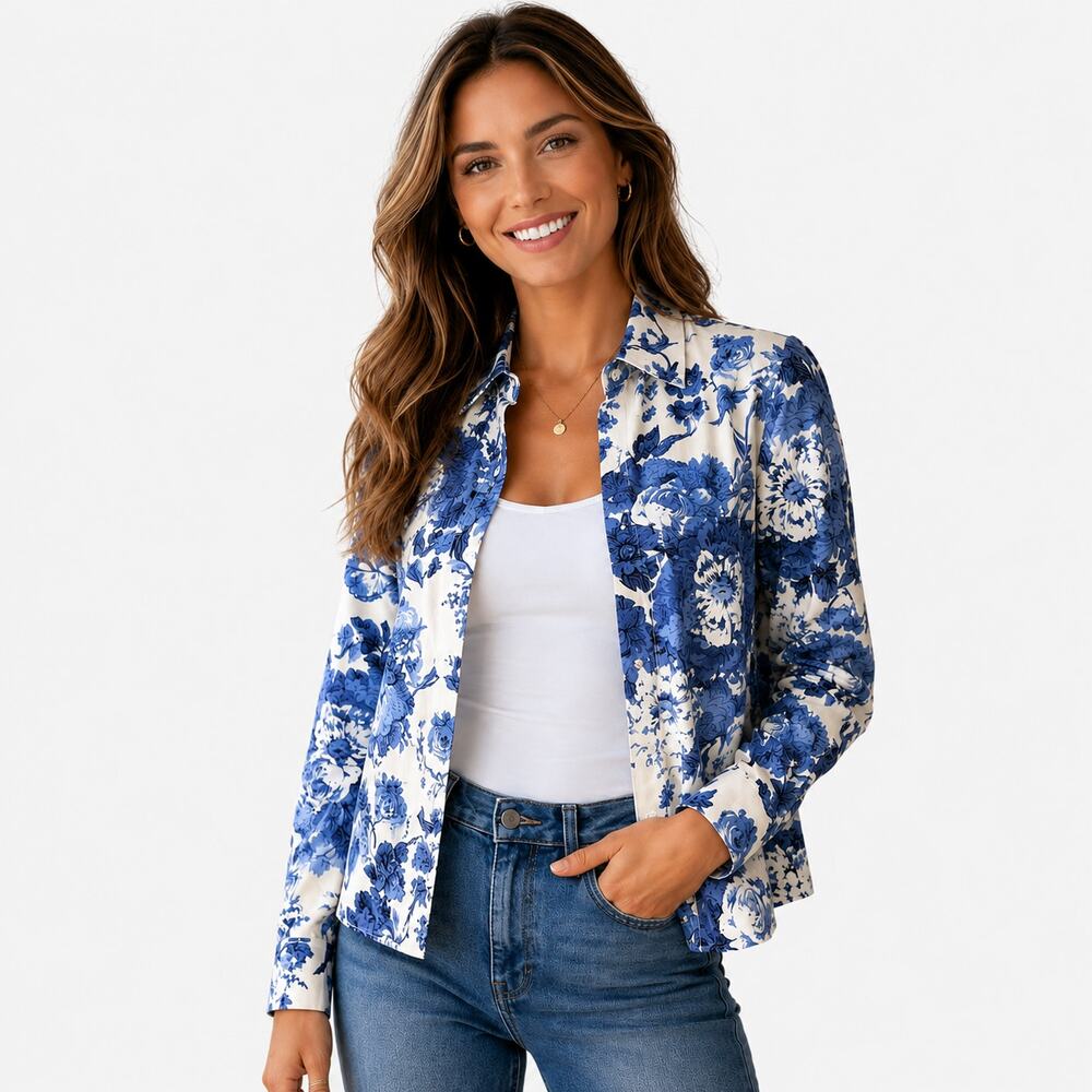 Carlisle Blue White Floral Print Cream Long Sleeve Zip Jacket Sz 4 Cottage Prep